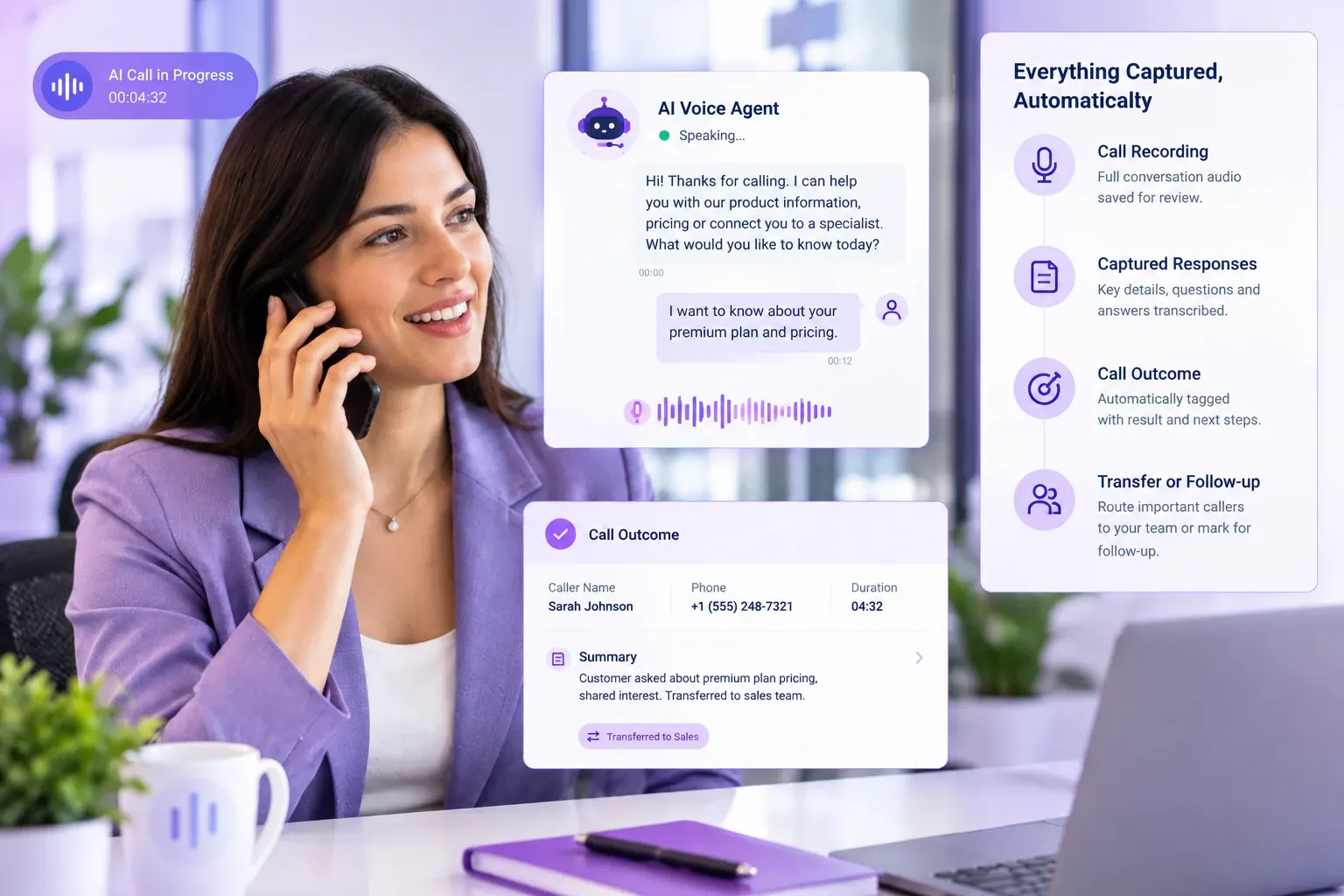 Inbound call in progress with call recording, captured responses, call outcome and transfer captured automatically