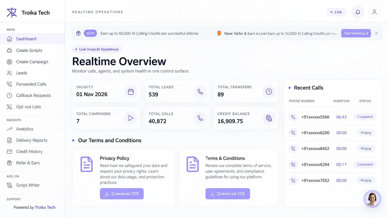 Troika AI calling dashboard realtime overview showing validity, total leads, transfers, campaigns, total calls, credit balance and recent calls